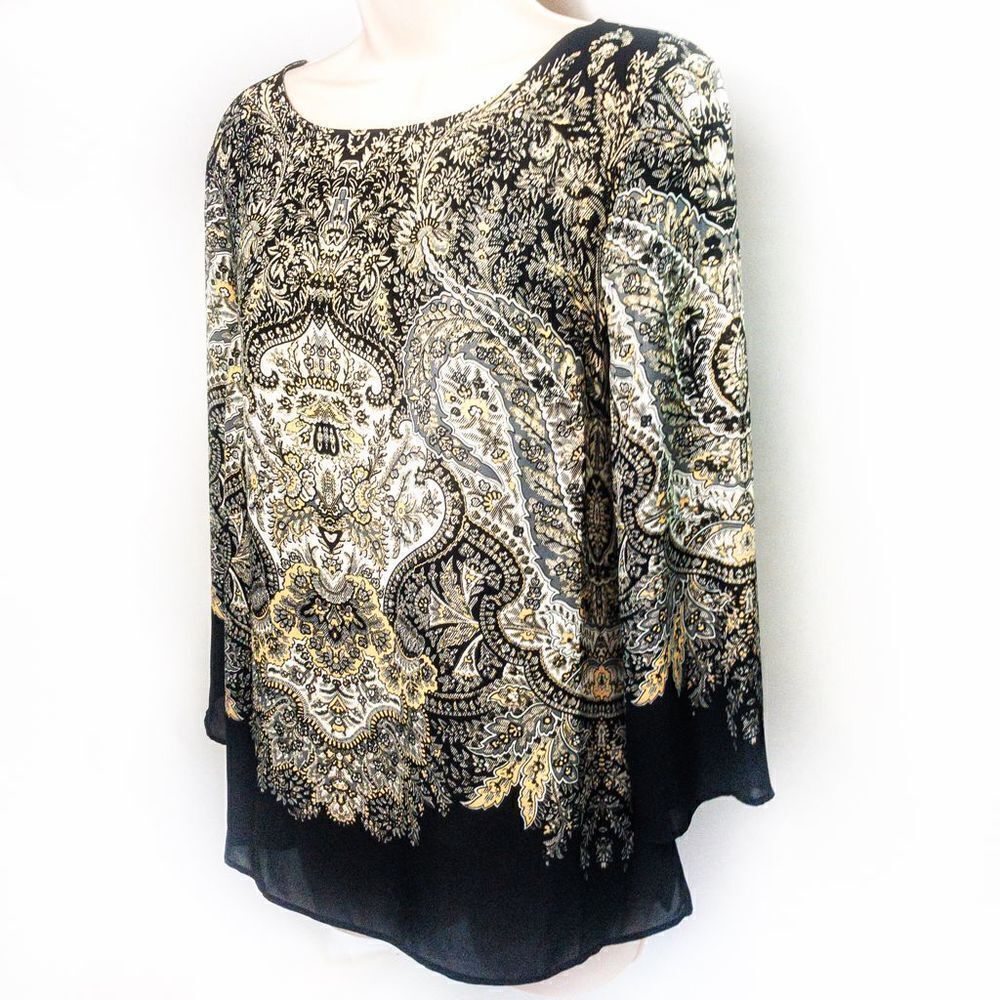 Rose & Olive Lightweight Black/Cream Baroque Print Blouse Sz M - Picture 2 of 11